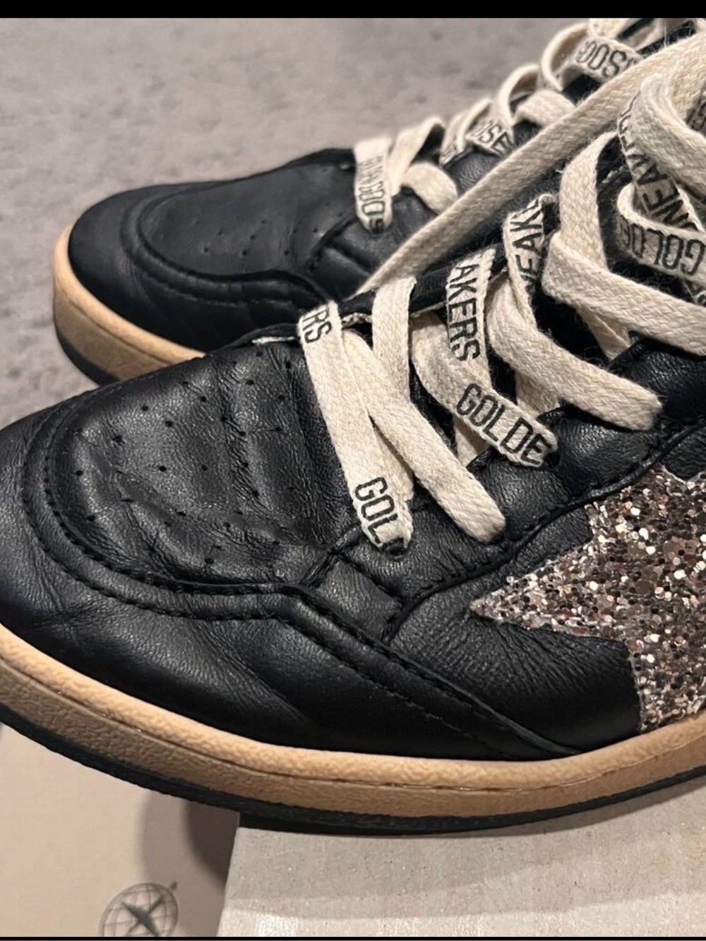 Golden Goose BALLSTAR Black Leather Sneakers Glitter Stars with Beige Soles - Picture 5 of 15